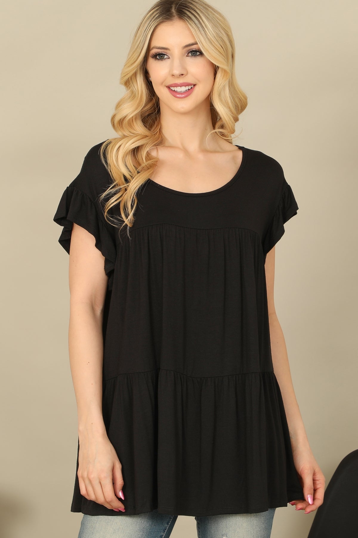 RUFFLE CAP SLEEVE TIERED SOLID TOP 2-2-2-2