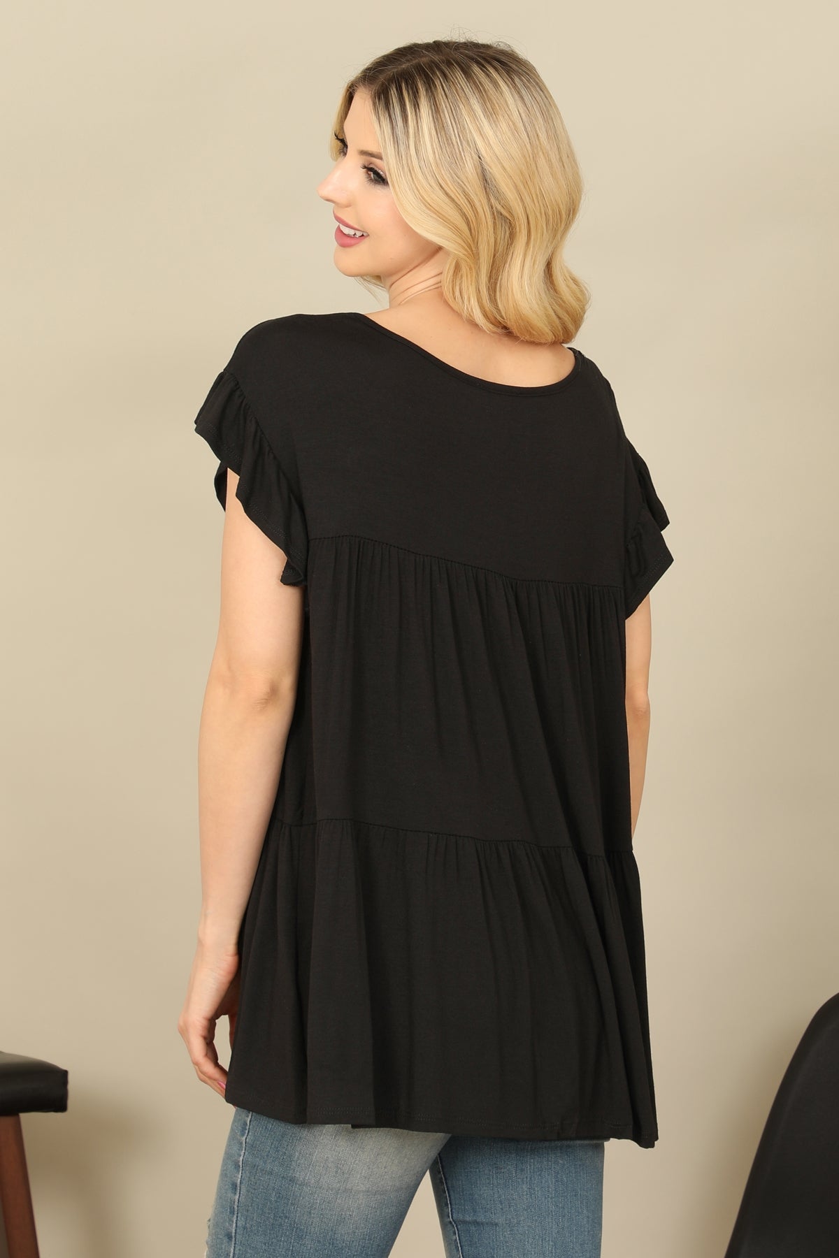 RUFFLE CAP SLEEVE TIERED SOLID TOP 2-2-2-2