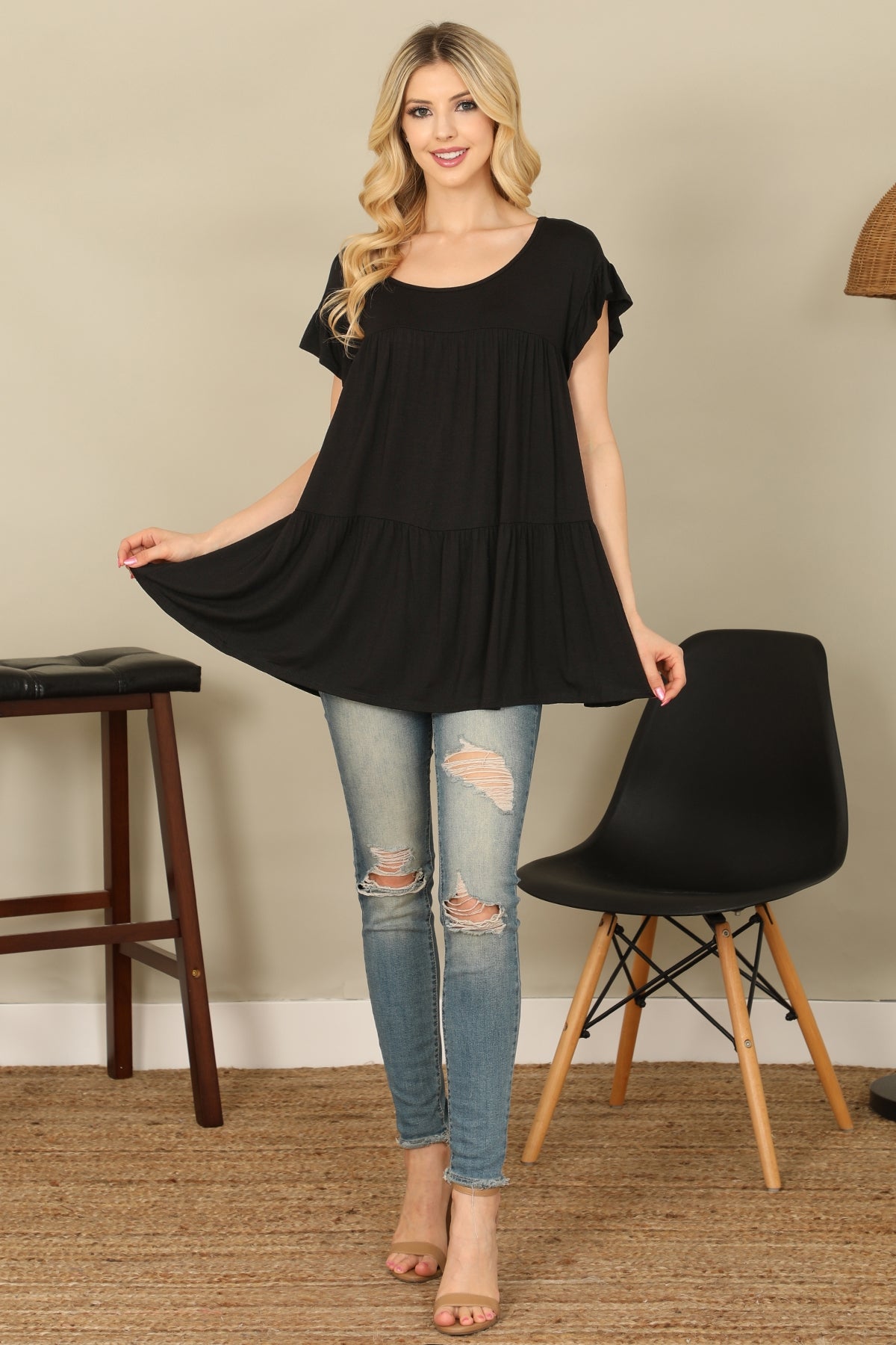 RUFFLE CAP SLEEVE TIERED SOLID TOP 2-2-2-2