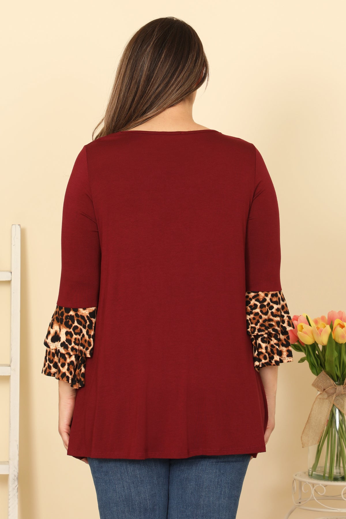 PLUS SIZE LEOPARD FLOUNCE SLEEVE SOLID ROUND NECK TOP 2-2-2