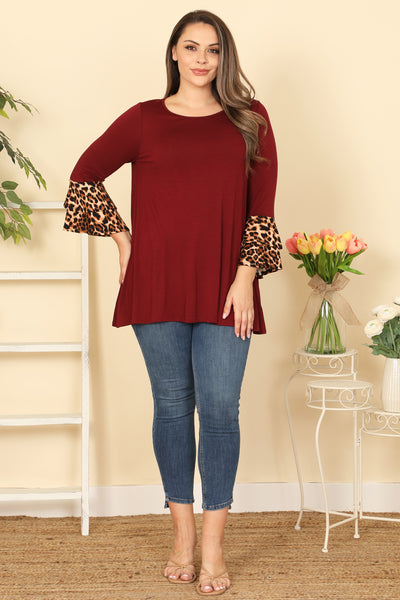 PLUS SIZE LEOPARD FLOUNCE SLEEVE SOLID ROUND NECK TOP 2-2-2