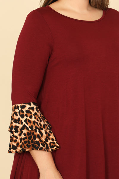 PLUS SIZE LEOPARD FLOUNCE SLEEVE SOLID ROUND NECK TOP 2-2-2