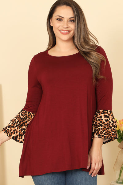 PLUS SIZE LEOPARD FLOUNCE SLEEVE SOLID ROUND NECK TOP 2-2-2