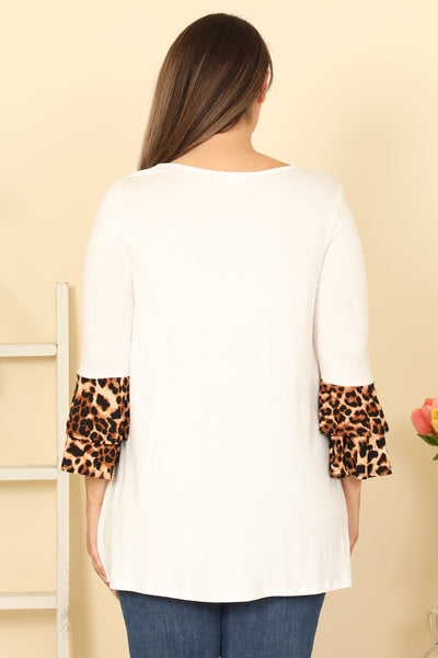 IVORY PLUS SIZE LEOPARD FLOUNCE SLEEVE SOLID ROUND NECK TOP 2-2-2