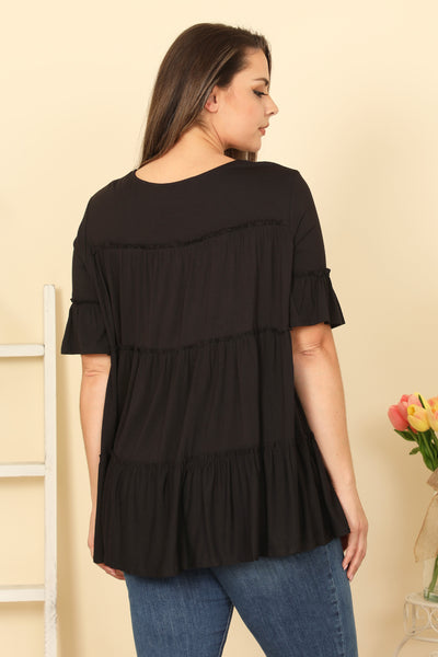 BLACK PLUS SIZE TIERED RUFFLE SHORT SLEEVE SOLID TOP 2-2-2