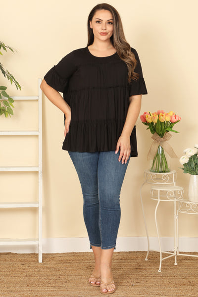 BLACK PLUS SIZE TIERED RUFFLE SHORT SLEEVE SOLID TOP 2-2-2