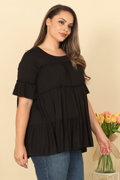 BLACK PLUS SIZE TIERED RUFFLE SHORT SLEEVE SOLID TOP 2-2-2