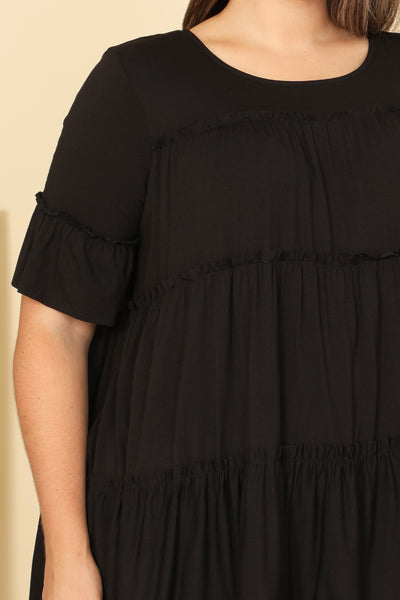 BLACK PLUS SIZE TIERED RUFFLE SHORT SLEEVE SOLID TOP 2-2-2