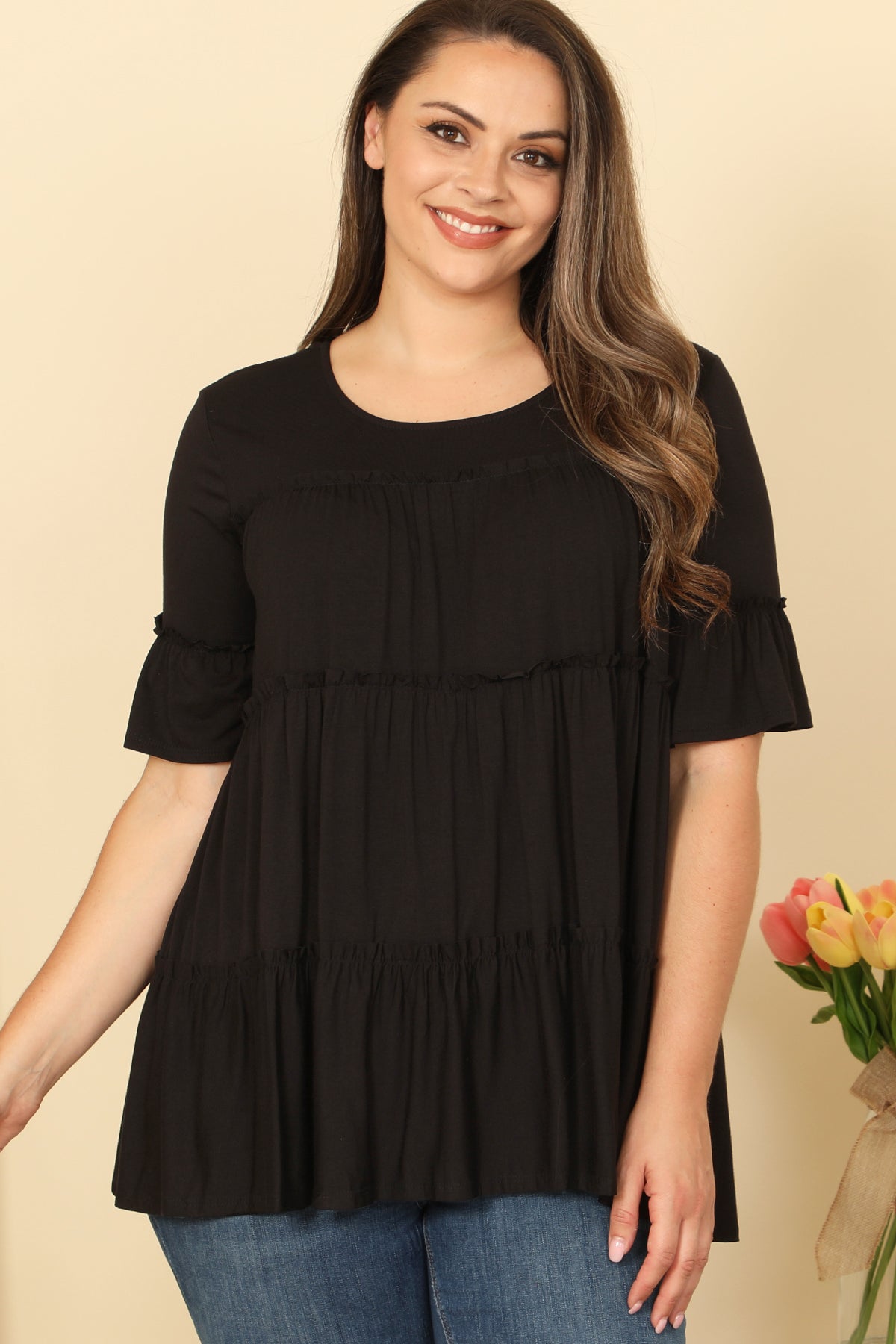 BLACK PLUS SIZE TIERED RUFFLE SHORT SLEEVE SOLID TOP 2-2-2