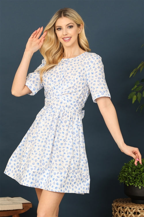 D653L-HALF SLEEVE CROSS FRONT BACK TIE FLORAL DRESS 2-2-1