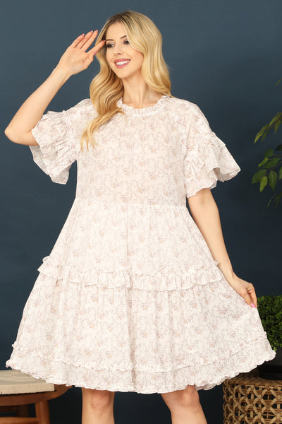 WHITE TAUPE RUFFLE DETAIL BABYDOLL FLORAL DRESS 2-2-1
