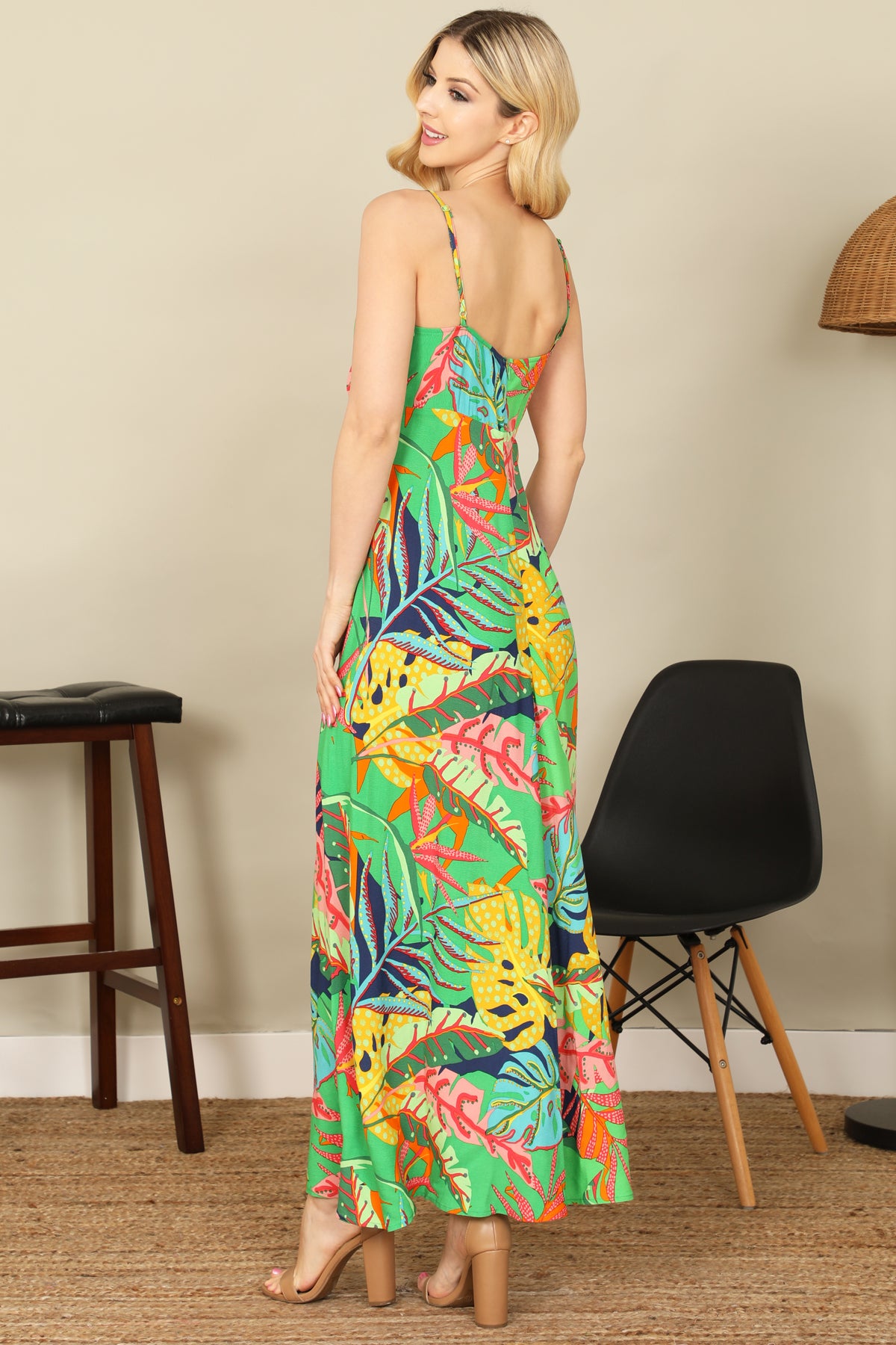 TROPICAL MULTI SPAGHETTI STRAP FRONT KNOT MAXI DRESS 2-2-1