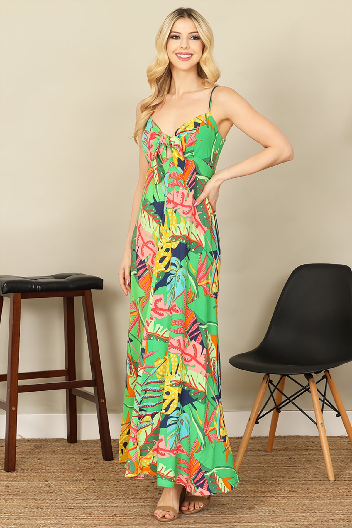 TROPICAL MULTI SPAGHETTI STRAP FRONT KNOT MAXI DRESS 2-2-1