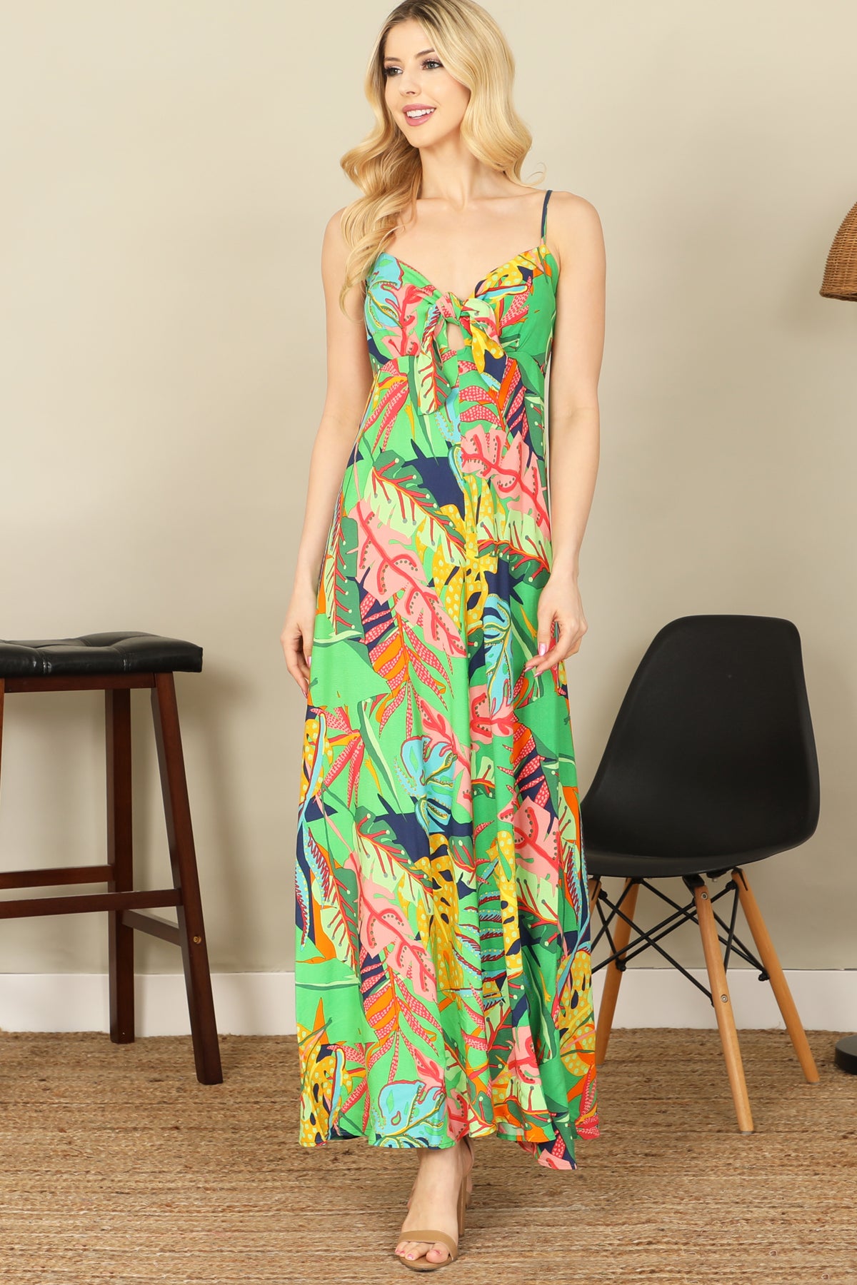 TROPICAL MULTI SPAGHETTI STRAP FRONT KNOT MAXI DRESS 2-2-1