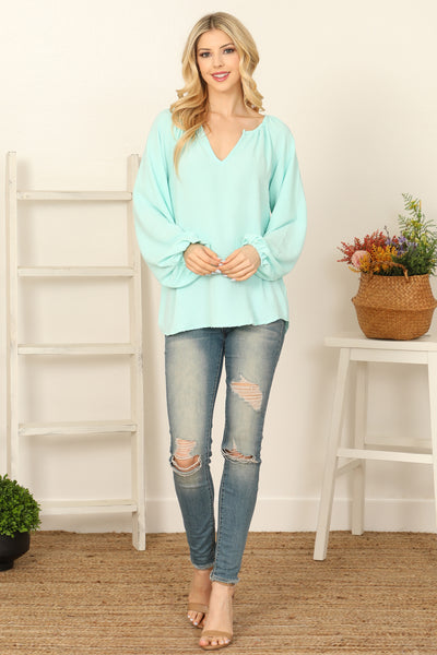 NOTCH NECK LONG PUFF SLEEVE SOLID TOP 2-2-2-2 (NOW $4.00 ONLY!)