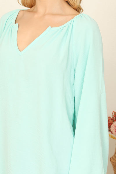 NOTCH NECK LONG PUFF SLEEVE SOLID TOP 2-2-2-2 (NOW $4.00 ONLY!)