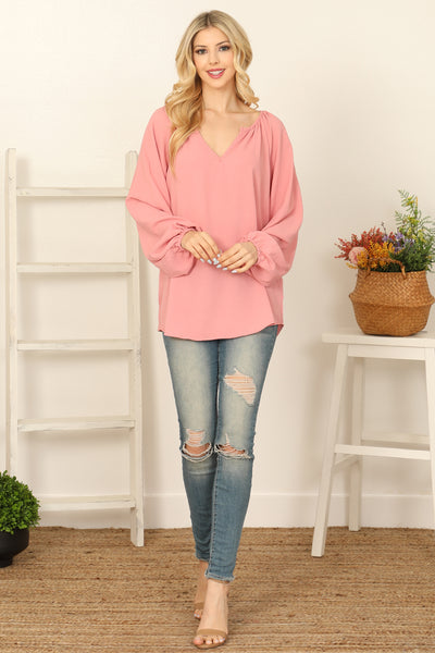 NOTCH NECK LONG PUFF SLEEVE SOLID TOP 2-2-2-2 (NOW $4.00 ONLY!)