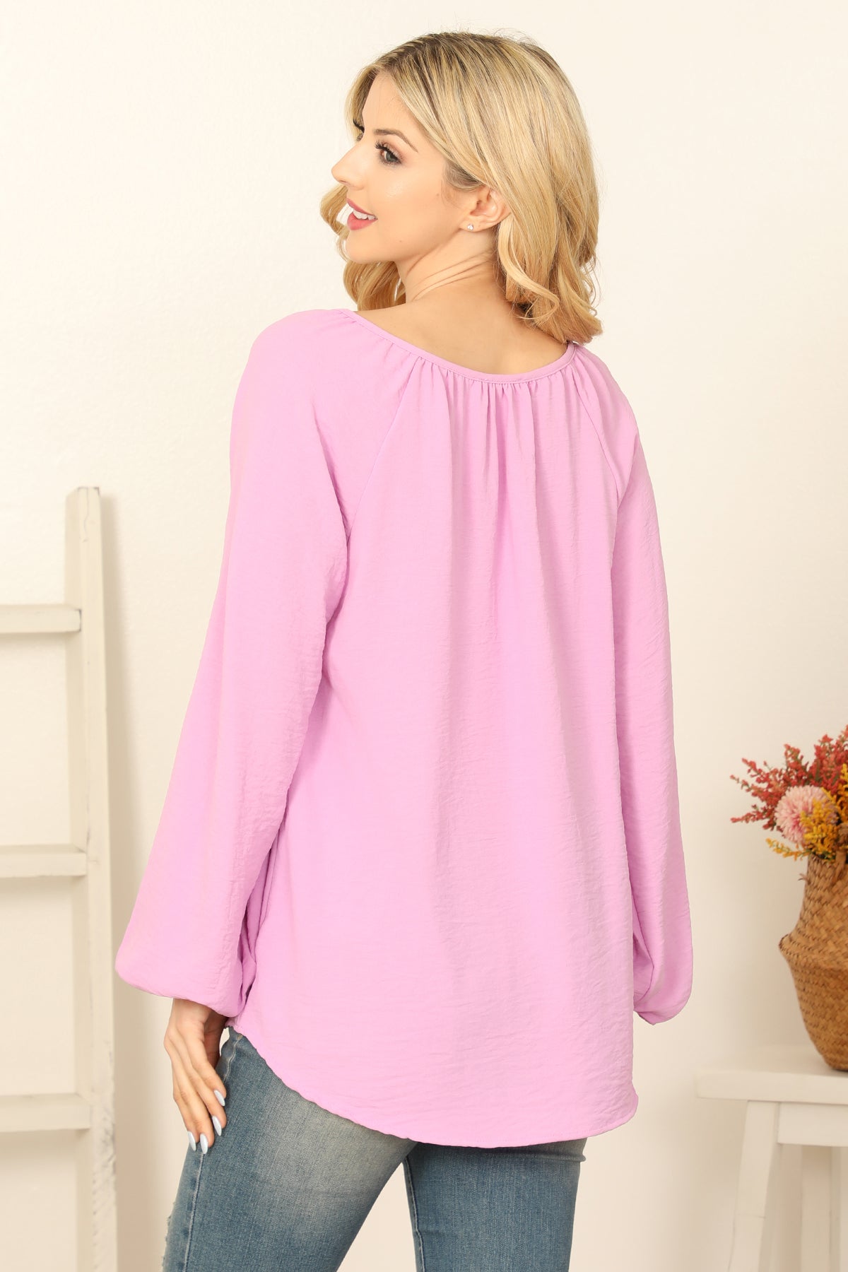 NOTCH NECK LONG PUFF SLEEVE SOLID TOP 2-2-2-2 (NOW $4.00 ONLY!)