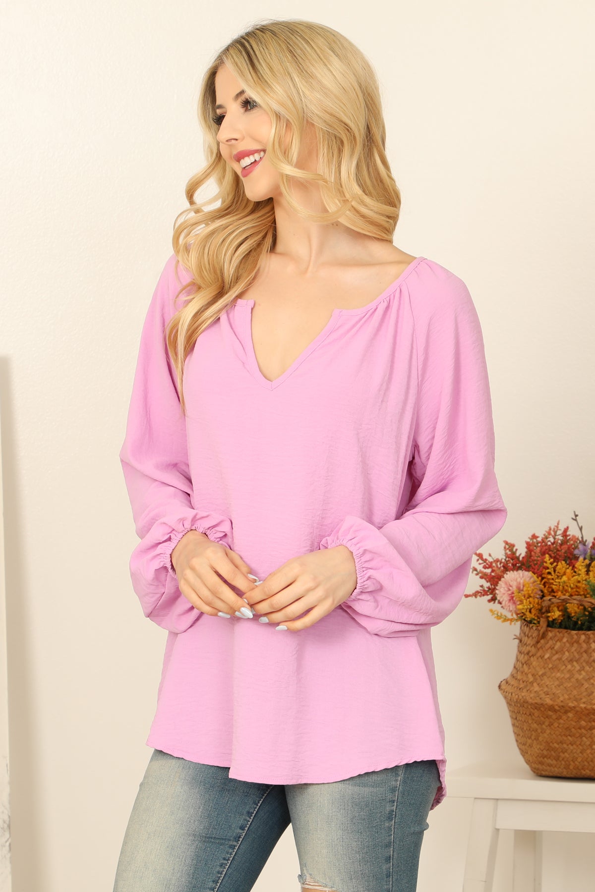 NOTCH NECK LONG PUFF SLEEVE SOLID TOP 2-2-2-2 (NOW $4.00 ONLY!)