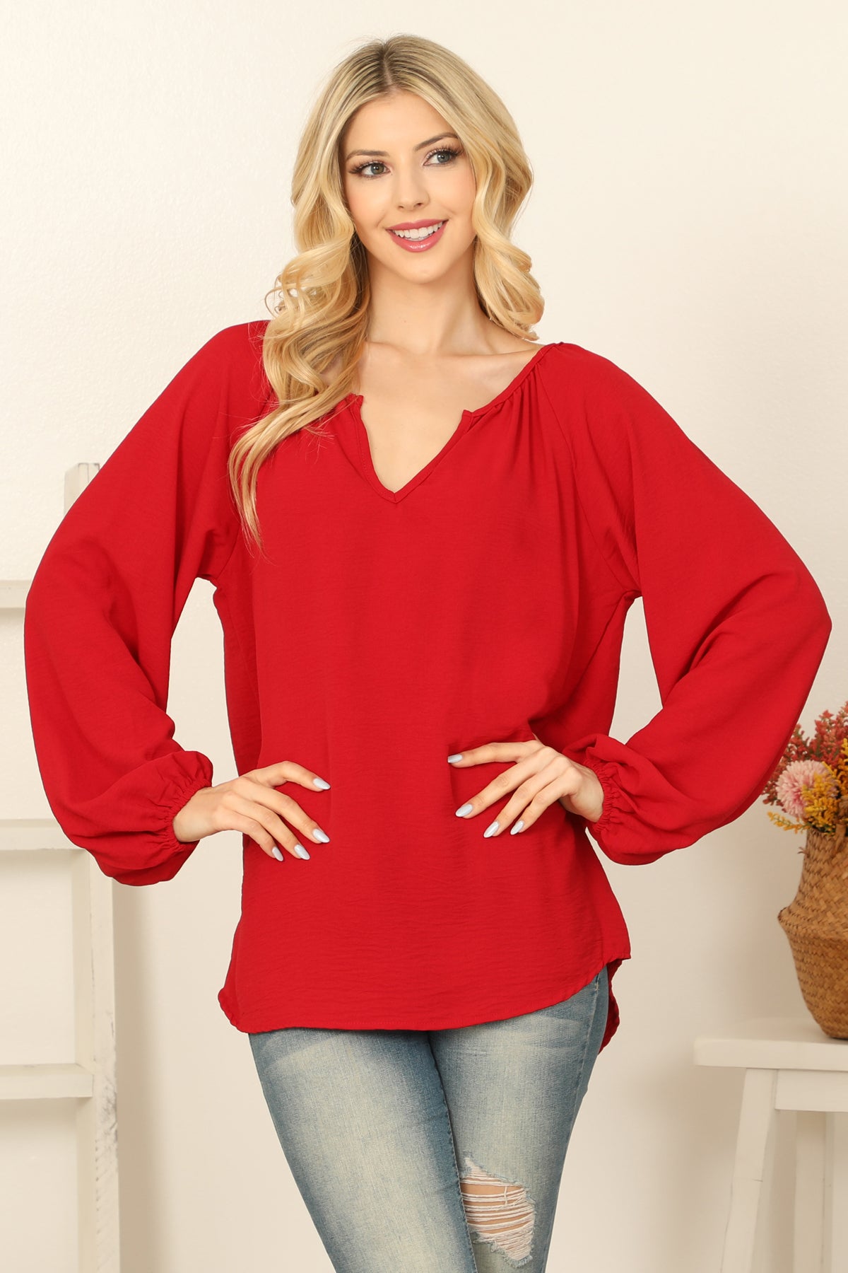 NOTCH NECK LONG PUFF SLEEVE SOLID TOP 2-2-2-2 (NOW $4.00 ONLY!)