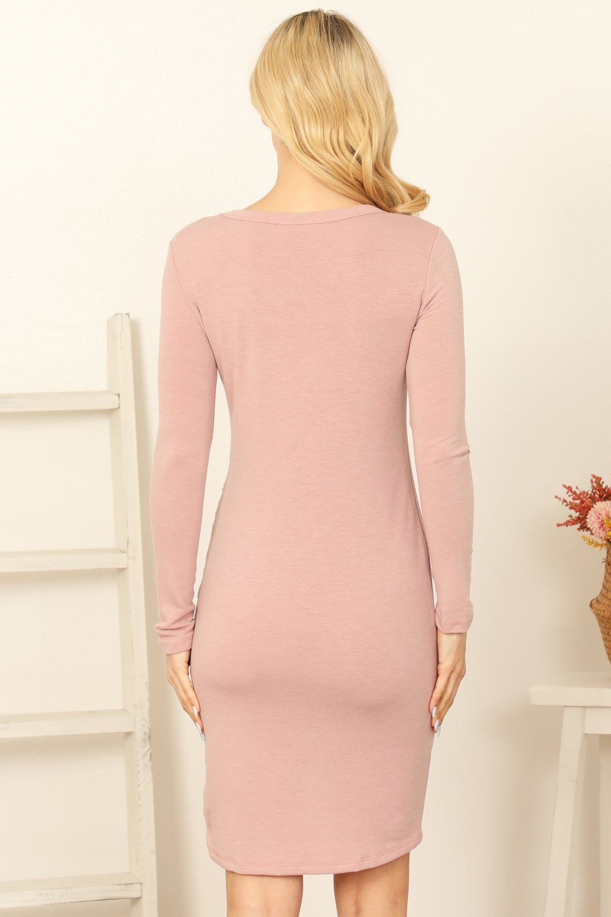 LONG SLEEVE SIDE RUCHED WRAP ASSYMETRICAL HEM DRESS 2-2-2-2 (NOW $5.75 ONLY!)