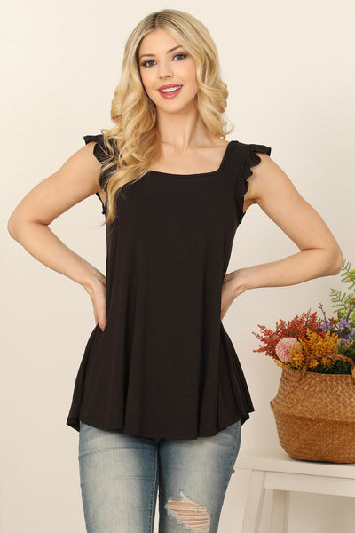 BLACK RUFFLE SLEEVELESS SOLID TOP 2-2-2-2