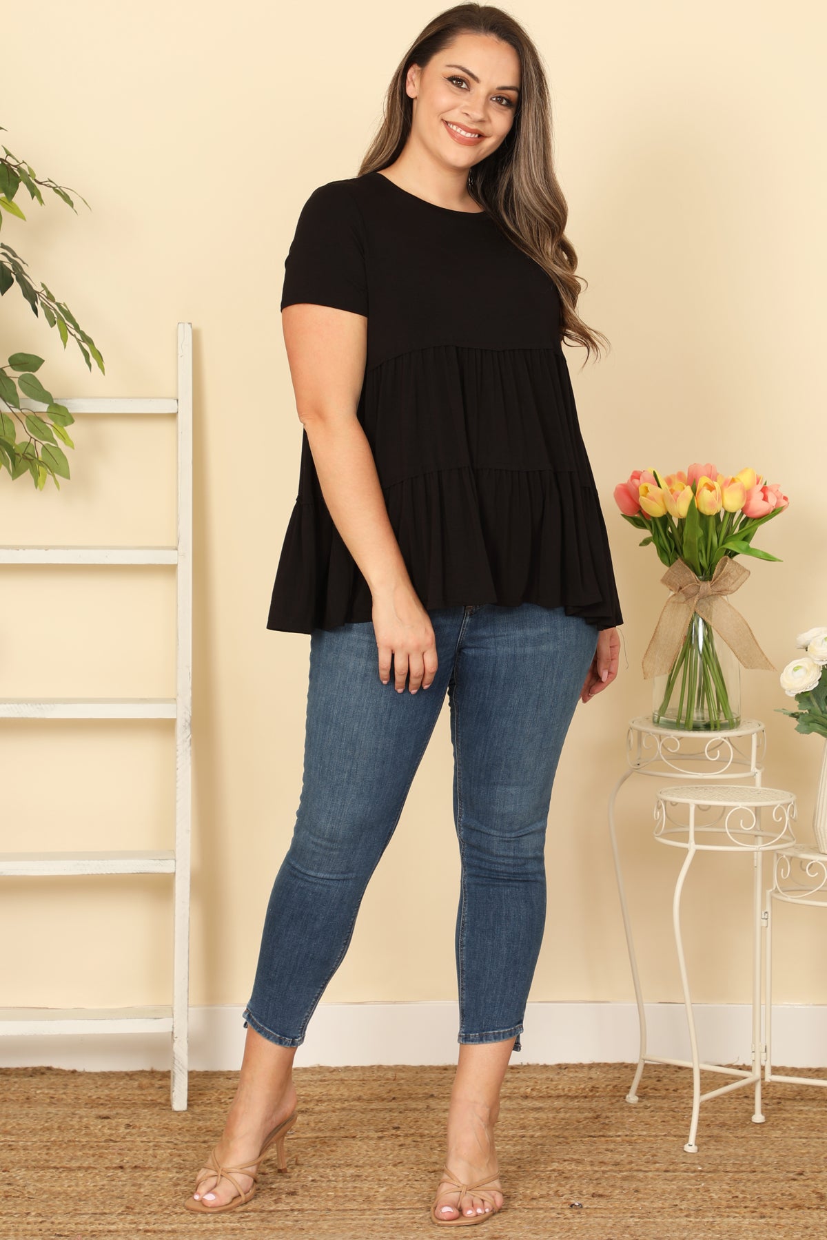 PLUS SIZE SHORT SLEEVE PLEATED TIERED SOLID TOP 2-2-2