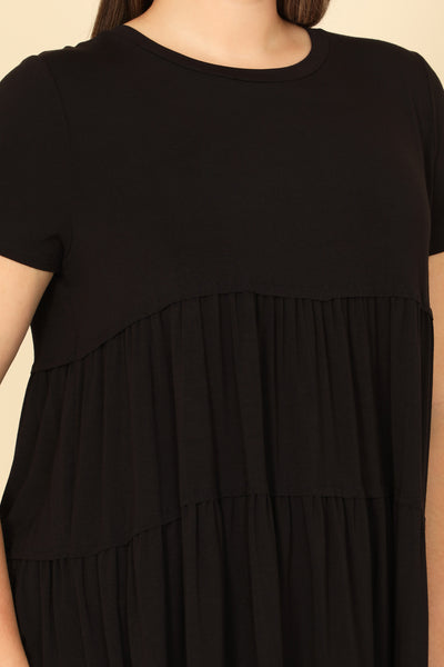 PLUS SIZE SHORT SLEEVE PLEATED TIERED SOLID TOP 2-2-2