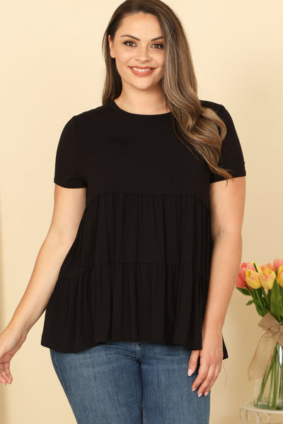 PLUS SIZE SHORT SLEEVE PLEATED TIERED SOLID TOP 2-2-2