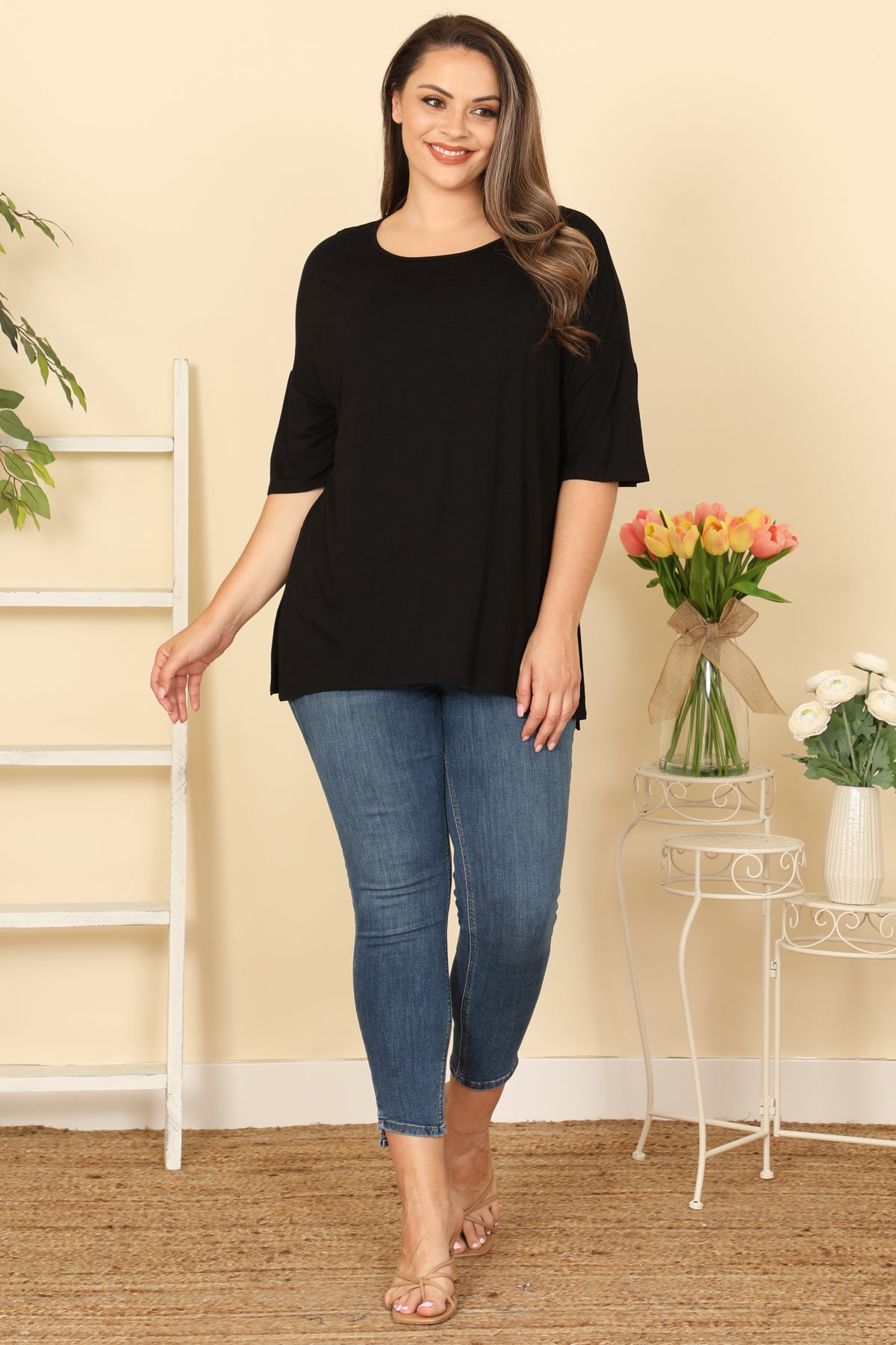 BLACK PLUS SIZE HALF SLEEVE SIDE SLIT SOLID TOP 2-2-2