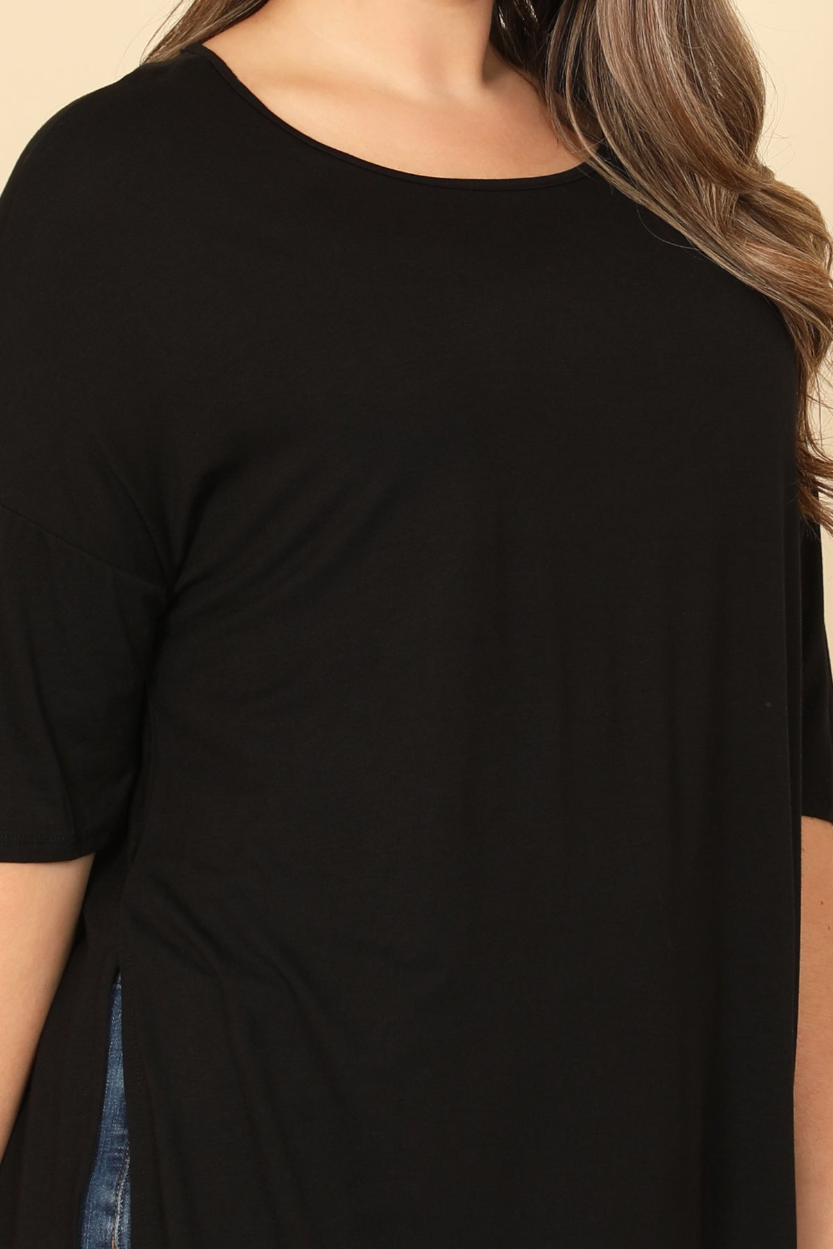 BLACK PLUS SIZE HALF SLEEVE SIDE SLIT SOLID TOP 2-2-2