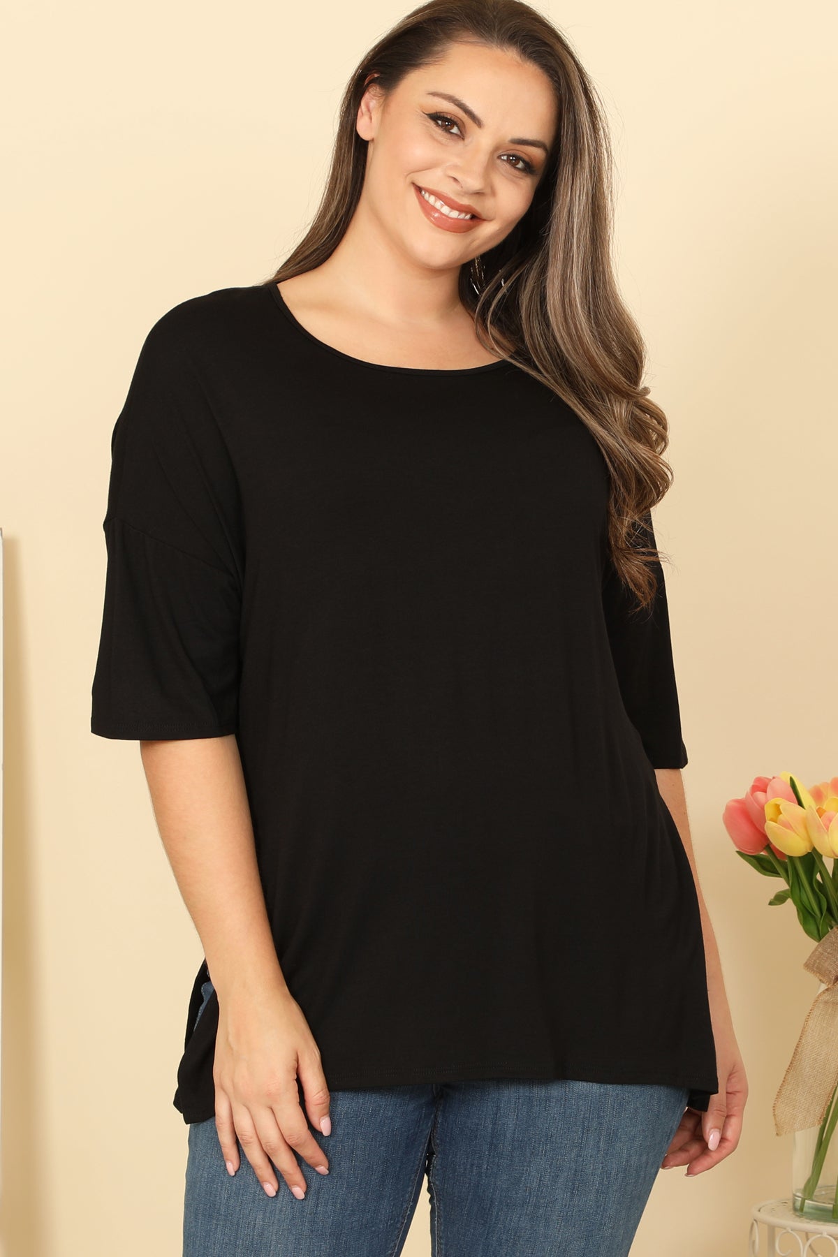 BLACK PLUS SIZE HALF SLEEVE SIDE SLIT SOLID TOP 2-2-2