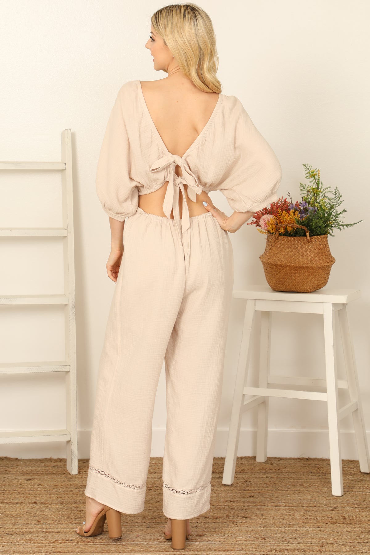 HALF SLEEVE FLORAL PATCH BACK TIE SOLID JUMPSUIT 3-2-1