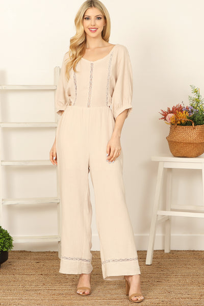 HALF SLEEVE FLORAL PATCH BACK TIE SOLID JUMPSUIT 3-2-1