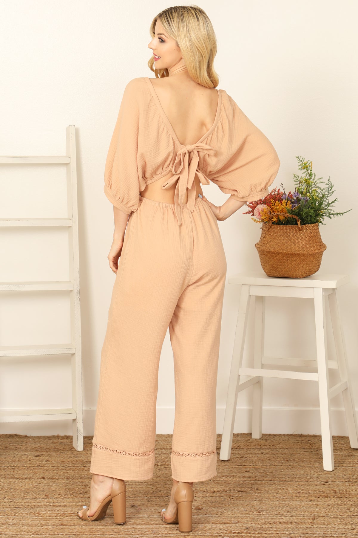 HALF SLEEVE FLORAL PATCH BACK TIE SOLID JUMPSUIT 3-2-1