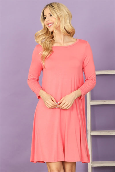 D3252B-SOLID BOAT NECK QUARTER SLEEVE SIDE POCKET DRESS 1-1-1-1