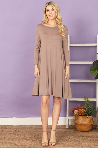 D3252B-SOLID BOAT NECK QUARTER SLEEVE SIDE POCKET DRESS 1-1-1-1