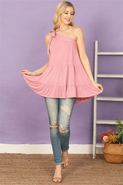 T4232-ONE SHOULDER RUFFLE TIERED SOLID TOP 2-2-2-2