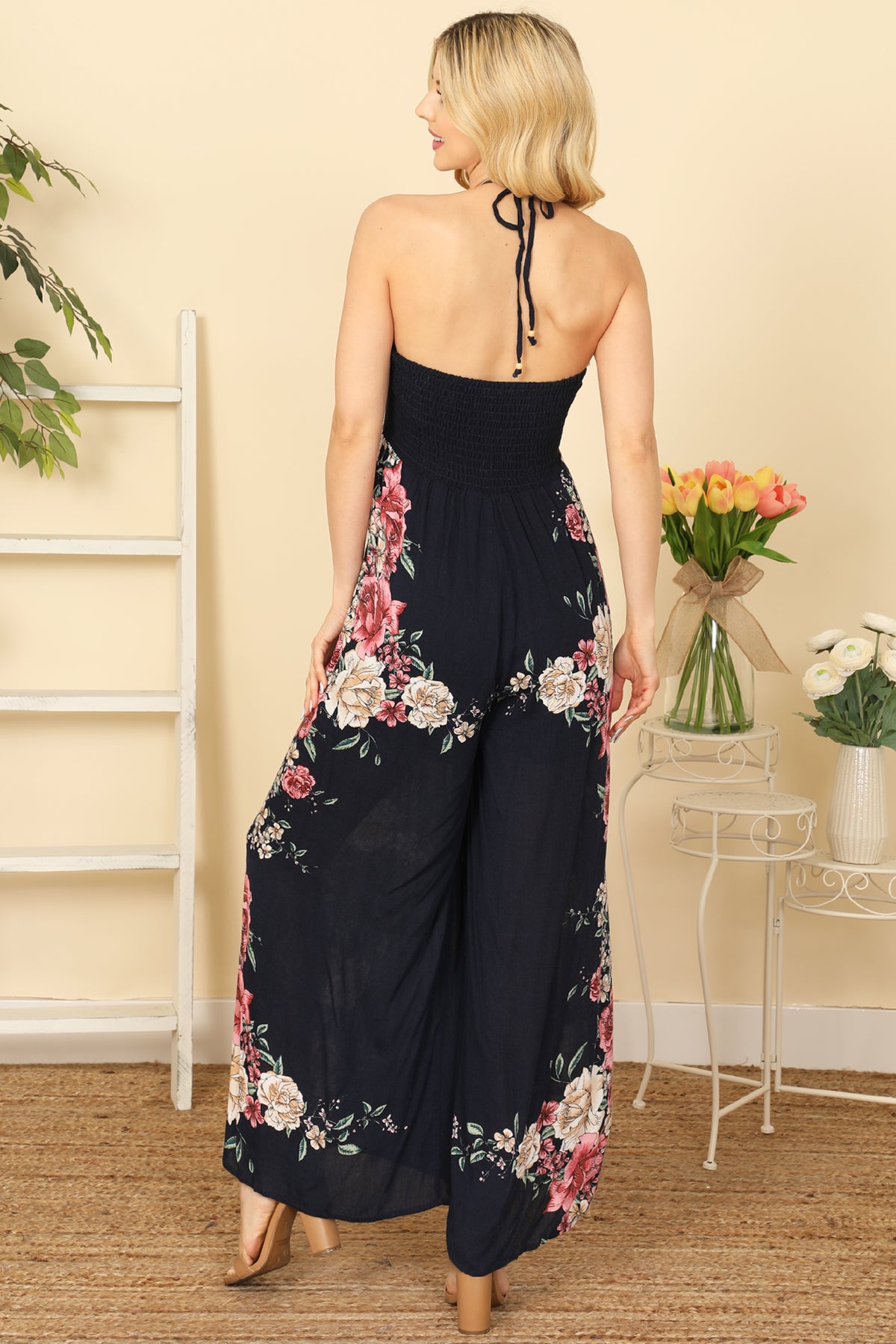 NAVY THIN TIEBACK FLORAL JUMPSUIT 3-2-1