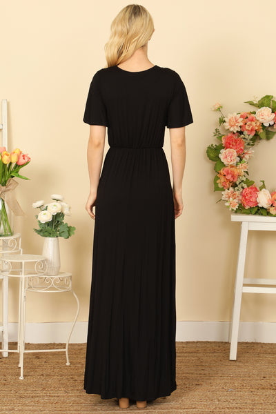 BELL SLEEVE SURPLICE NECK PLEATED WAIST SOLID MAXI DRESS 2-2-2-2