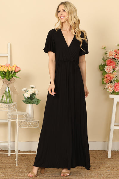 BELL SLEEVE SURPLICE NECK PLEATED WAIST SOLID MAXI DRESS 2-2-2-2