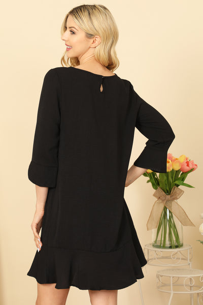 BLACK QUARTER SLEEVE RUFFLE HEM SOLID DRESS 2-2-2-2