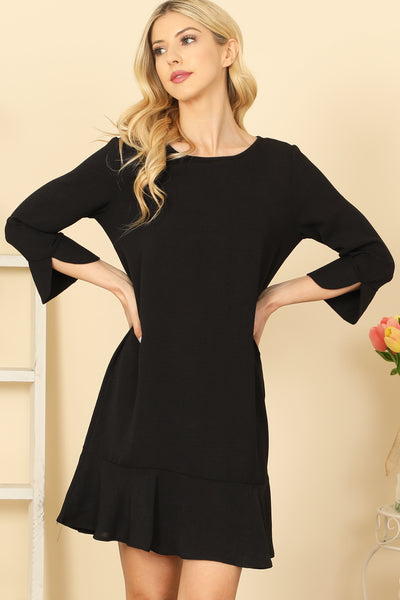 BLACK QUARTER SLEEVE RUFFLE HEM SOLID DRESS 2-2-2-2