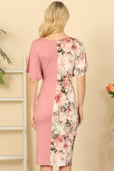 MAUVE IVORY V-NECK TWIST DETAIL COLOR BLOCK SOLID FLORAL DRESS 2-2-2-2