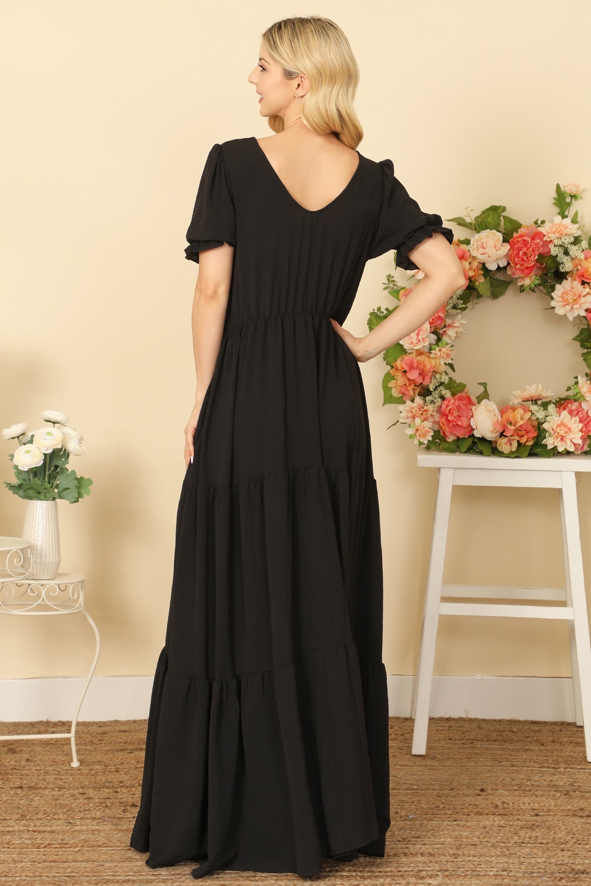 V-NECK RUFFLE PUFF SLEEVE TIERED SOLID MAXI DRESS 2-2-2-2