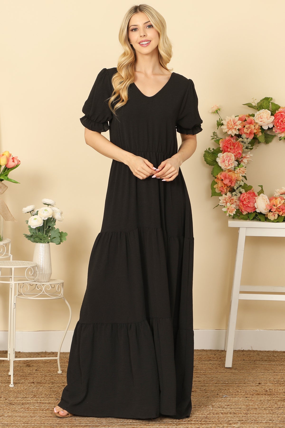 V-NECK RUFFLE PUFF SLEEVE TIERED SOLID MAXI DRESS 2-2-2-2