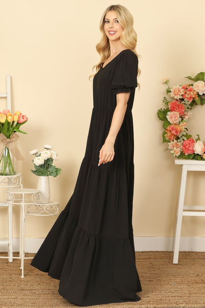 V-NECK RUFFLE PUFF SLEEVE TIERED SOLID MAXI DRESS 2-2-2-2