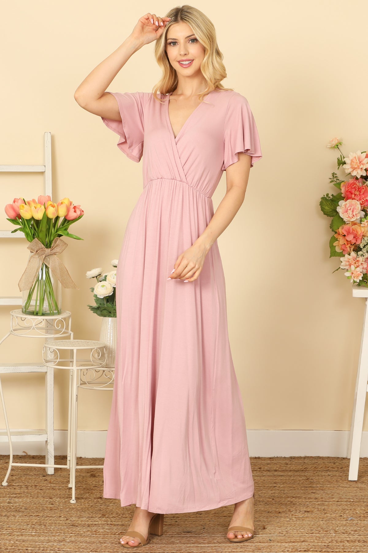 BELL SLEEVE SURPLICE NECK PLEATED WAIST SOLID MAXI DRESS 2-2-2-2