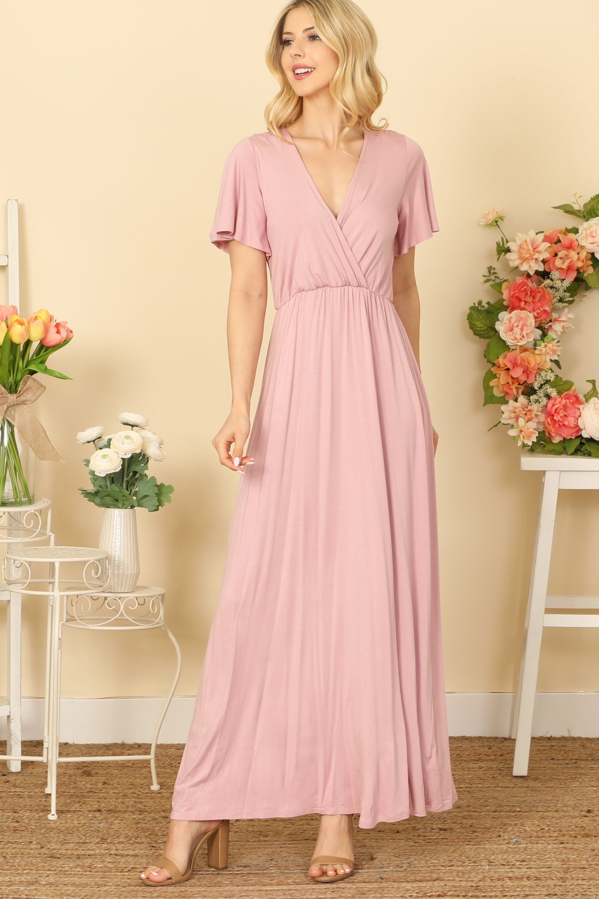 BELL SLEEVE SURPLICE NECK PLEATED WAIST SOLID MAXI DRESS 2-2-2-2