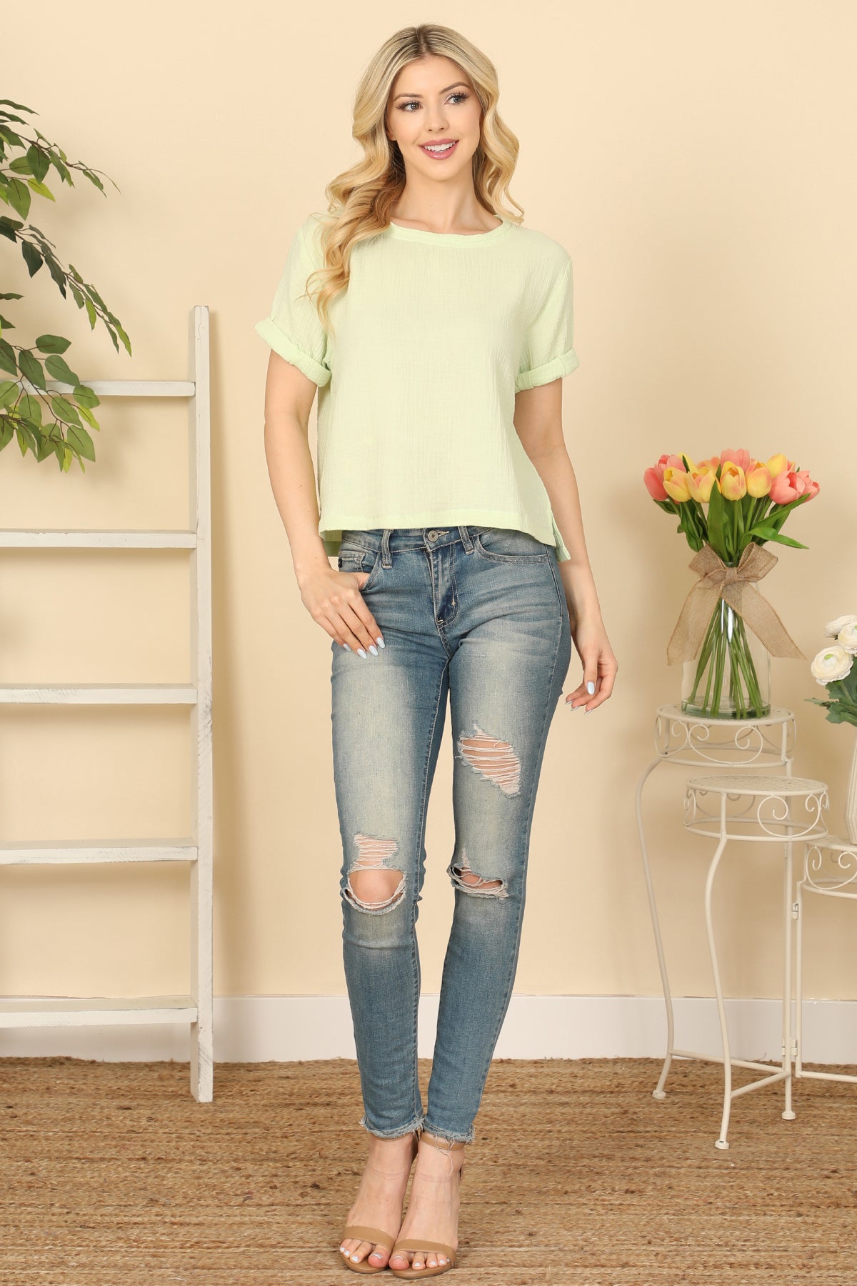SHORT SLEEVE HANGING BLOUSE SOLID TOP 2-2-1